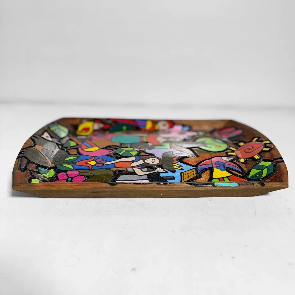 El Salvador Folk Art Hand Painted Wood Village Scene Wall Plaque La Palma Style